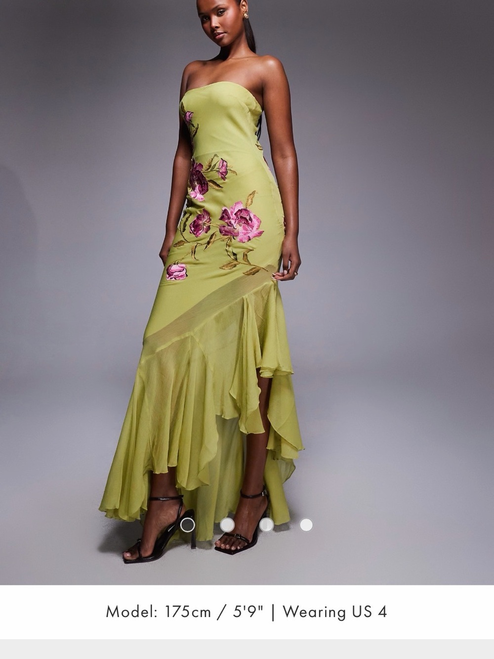 ASOS Strapless Olive Green Floral High-Low Gown